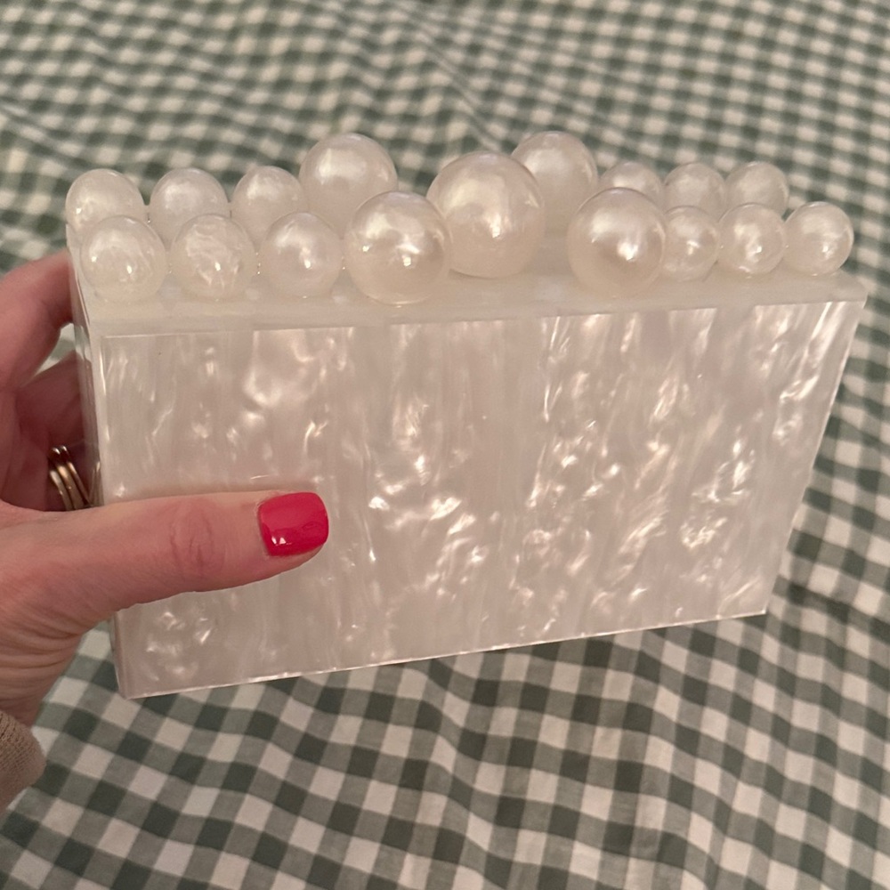 Acrylic Pearl-Accented White Clutch/Crossbody